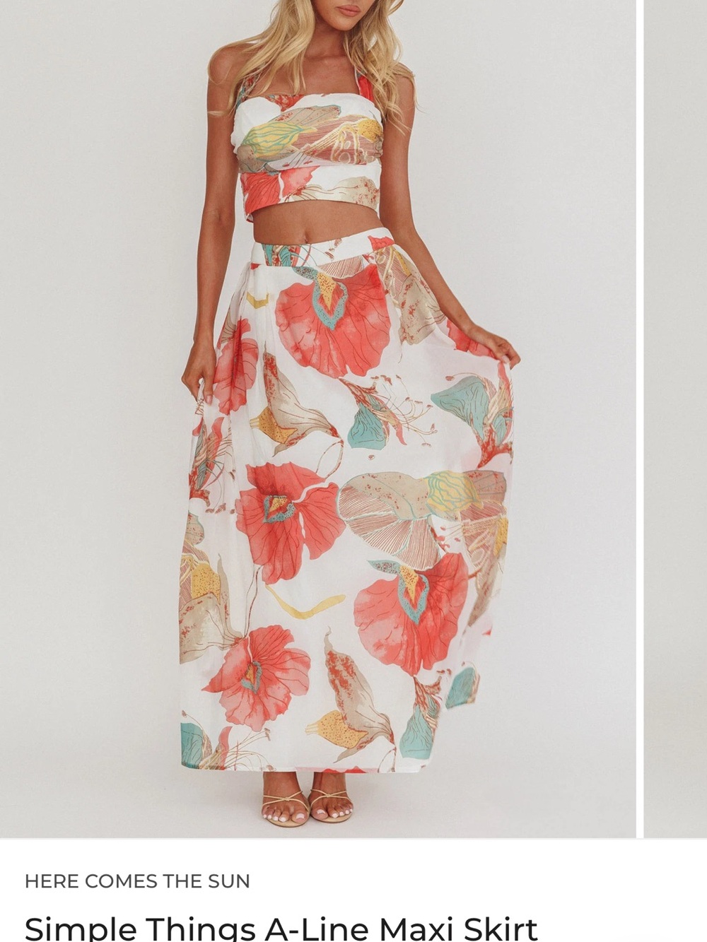 Selfie Leslie White Maxi Skirt with Coral and Teal Floral Print